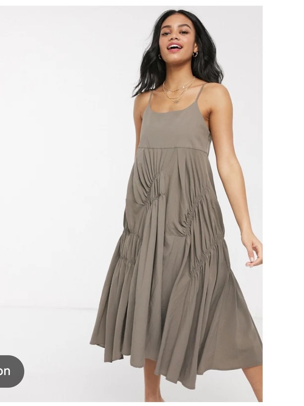 Moon River Olive Green Ruched Midi Dress